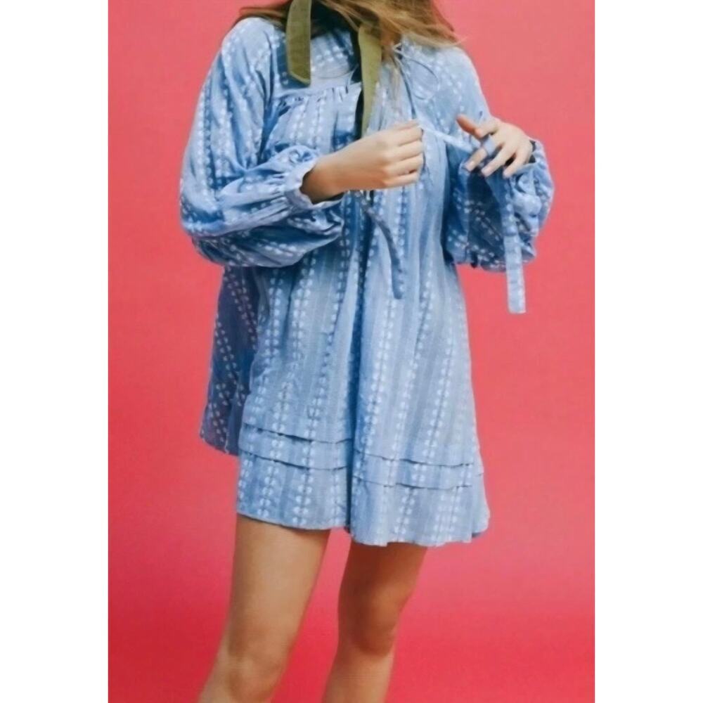 Urban Outfitters UO Jai Embroidered Babydoll Mini Dress Blue Cotton XS Boho.